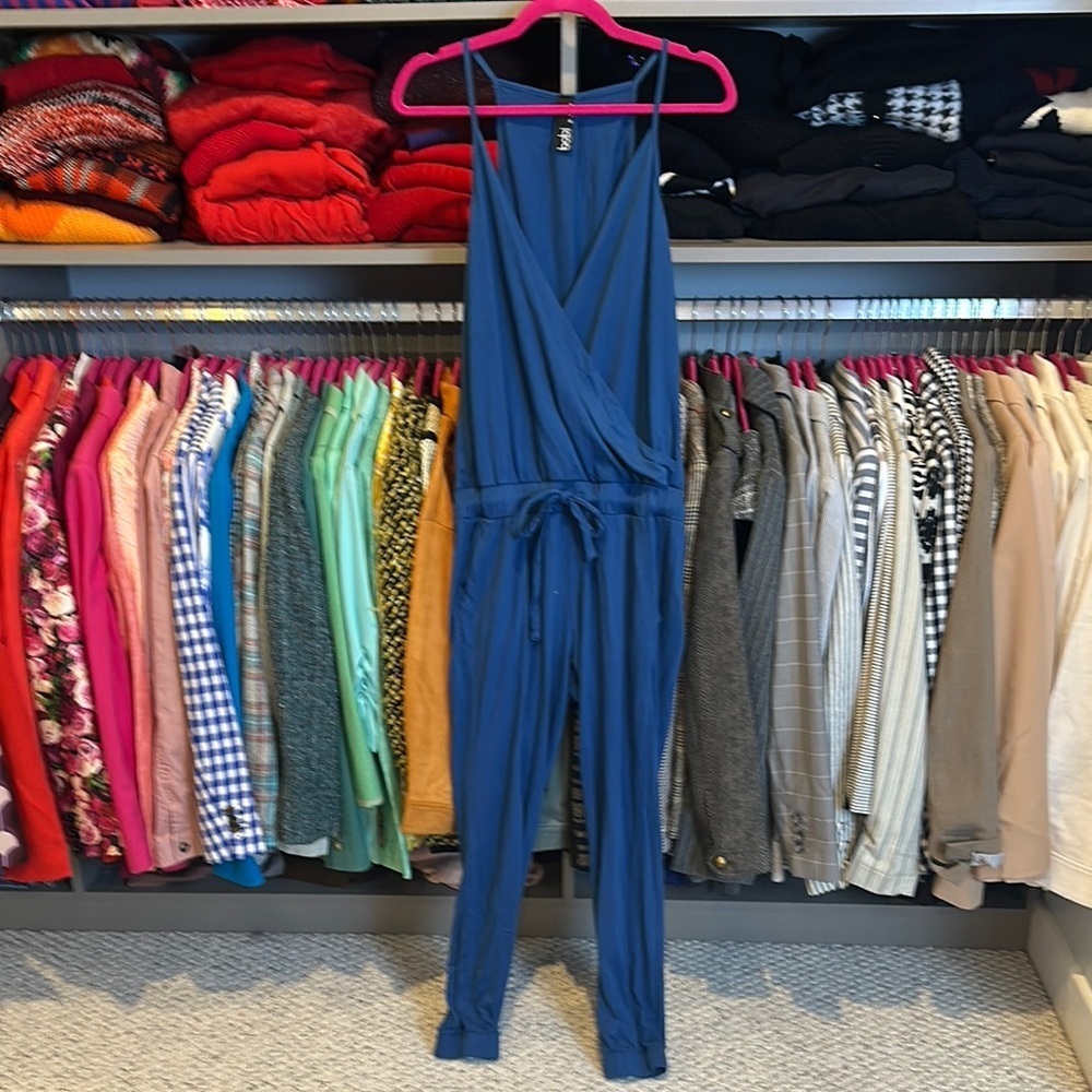 Bobi dark teal sleeveless elastic tie waistband jogger jumpsuit size S
